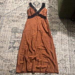 Brown Slip Dress with Black Lace Trim